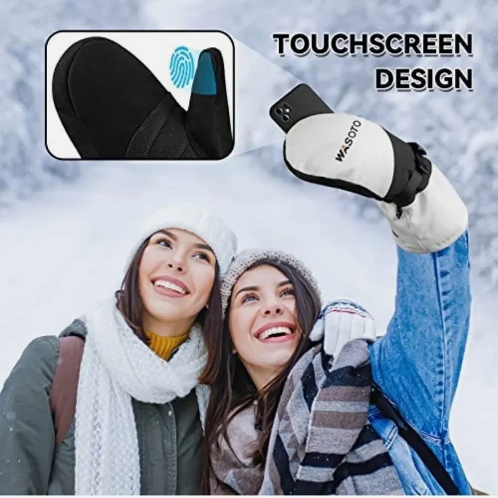Wasoto Unisex Heated Mittens White & Black Touchscreen Thumb Size S